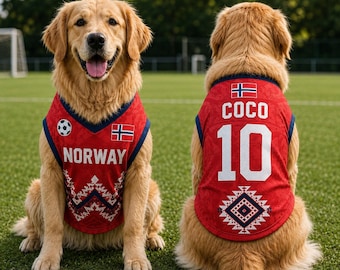 Camisa de futebol personalizada para animais de estimação da Noruega, com nome e número personalizados para cães e gatos.