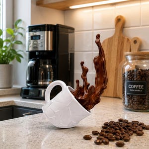 Könnte beinhalten: Eine weiße Keramiktasse mit strukturierter geometrischer Oberfläche liegt auf der Seite, wobei ein dramatischer, geformter Spritzer dunkelbrauner Flüssigkeit aus der Öffnung ragt. Ein kleiner Haufen Kaffeebohnen liegt in der Nähe.