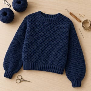 Op de afbeelding: Een donkerblauwe trui met lange mouwen, een textuur met reliëfsteek, een geribbelde ronde hals en geribbelde boorden. Twee bollen bijpassend marineblauw garen, een houten haaknaald, twee kleine metalen steekmarkeerders en een schaar zijn aanwezig.