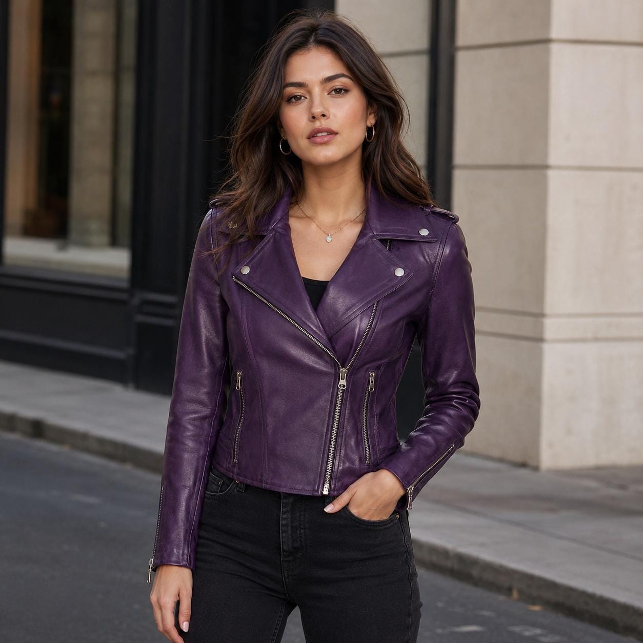 Women's Genuine Purple Leather Moto Jacket, Asymmetrical Biker Coat, Quilted Shoulder Detail