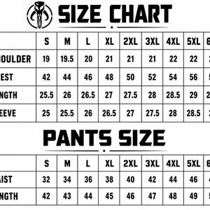 May include: A black and white size chart for clothing featuring a Mandalorian helmet icon. The table lists measurements for shoulder, chest, length, and sleeve for sizes S through 6XL, and a separate table for pants waist and length measurements.