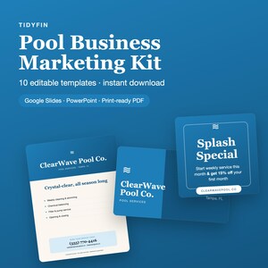 Pool Service Business Marketing Kit | Bearbeitbare Visitenkarte, Flyer, Preisliste, Instagram, QR-Zeichen | Google Slides + Power Point Vorlage