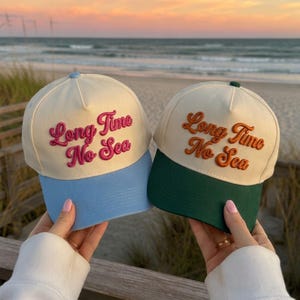 Long Time No Sea, embroidered hat, retro beach pun, gift for her, cruise vacation