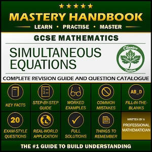 Puede incluir: Un manual de dominio verde oscuro y blanco para matemáticas GCSE sobre ecuaciones simultáneas. Incluye el logotipo de Cilantro Tuition, secciones de hechos clave, guías paso a paso, ejemplos resueltos y ejercicios de completar.