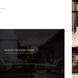 May include: A document titled DESIGN PROCESS GUIDE A GUIDE TO HOW YOUR PROJECT WILL BE FULFILLED with the text LUXURY ATELIER LH at the top. The document features a blurred interior room scene and a side panel showing decorative glass objects.