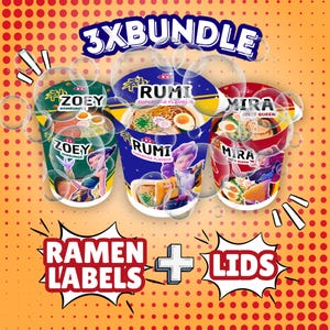 May include: A 3x bundle of ramen cup labels and lids featuring three distinct designs: green Zoey Hamburger, blue Rumi Superstar Flavour, and red Mira Spice Queen. Each label displays a cartoon character, ramen bowl imagery, and text.