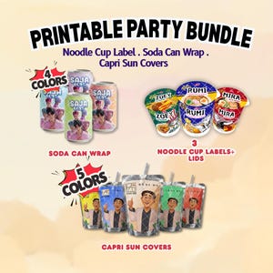 Peut inclure: Un ensemble de fête imprimable comprenant des étiquettes pour canettes de soda Saja Boys, trois étiquettes et couvercles de tasses à nouilles Zoey, Rumi et Mira, et cinq pochettes de boisson colorées avec un personnage faisant un pouce levé.