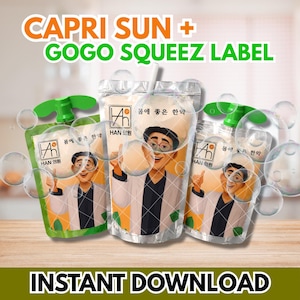 May include: Three beverage pouches featuring a cartoon character in a white coat, the text "HAN 의원" and "몸에 좋은 한약". The top text reads "CAPRI SUN + GOGO SQUEEZ LABEL" and the bottom text reads "INSTANT DOWNLOAD". Transparent bubbles overlay the pouches.