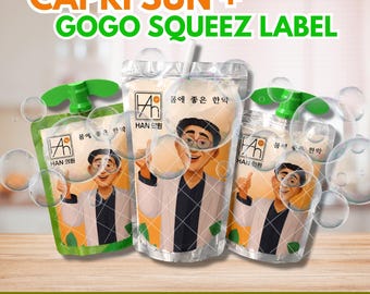 Verpakking voor tonicdrank, etiket voor GoGo SqueeZ + Caprisun sap, etiket voor K-p-ö-p sapzakjes, printbare materialen voor cosplayfeestjes, feestetiketten