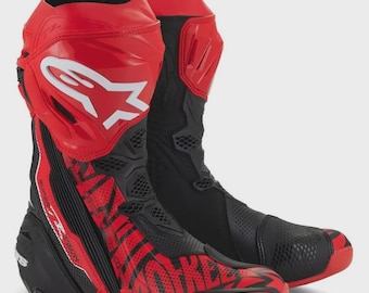 Alpinestars Supertech R Motorcycle Racing, czerwono-czarne skórzane buty motocyklowe MotoGP, ochraniacze motocyklowe Sportbike