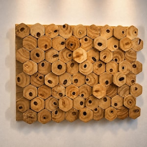 May include: A rectangular wall art piece composed of numerous light brown wooden hexagonal blocks arranged in a honeycomb pattern. Each individual wooden block features a natural grain texture and a central circular hole, creating a textured surface.
