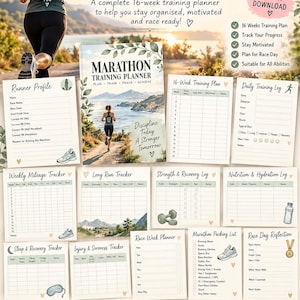Könnte beinhalten: Ein 16-wöchiger Marathon-Trainingsplaner mit einem Cover, das einen Läufer auf einem Pfad zeigt, sowie mehreren Innenseiten, darunter ein Läuferprofil, ein tägliches Trainingstagebuch und verschiedene Tracking-Tabellen.