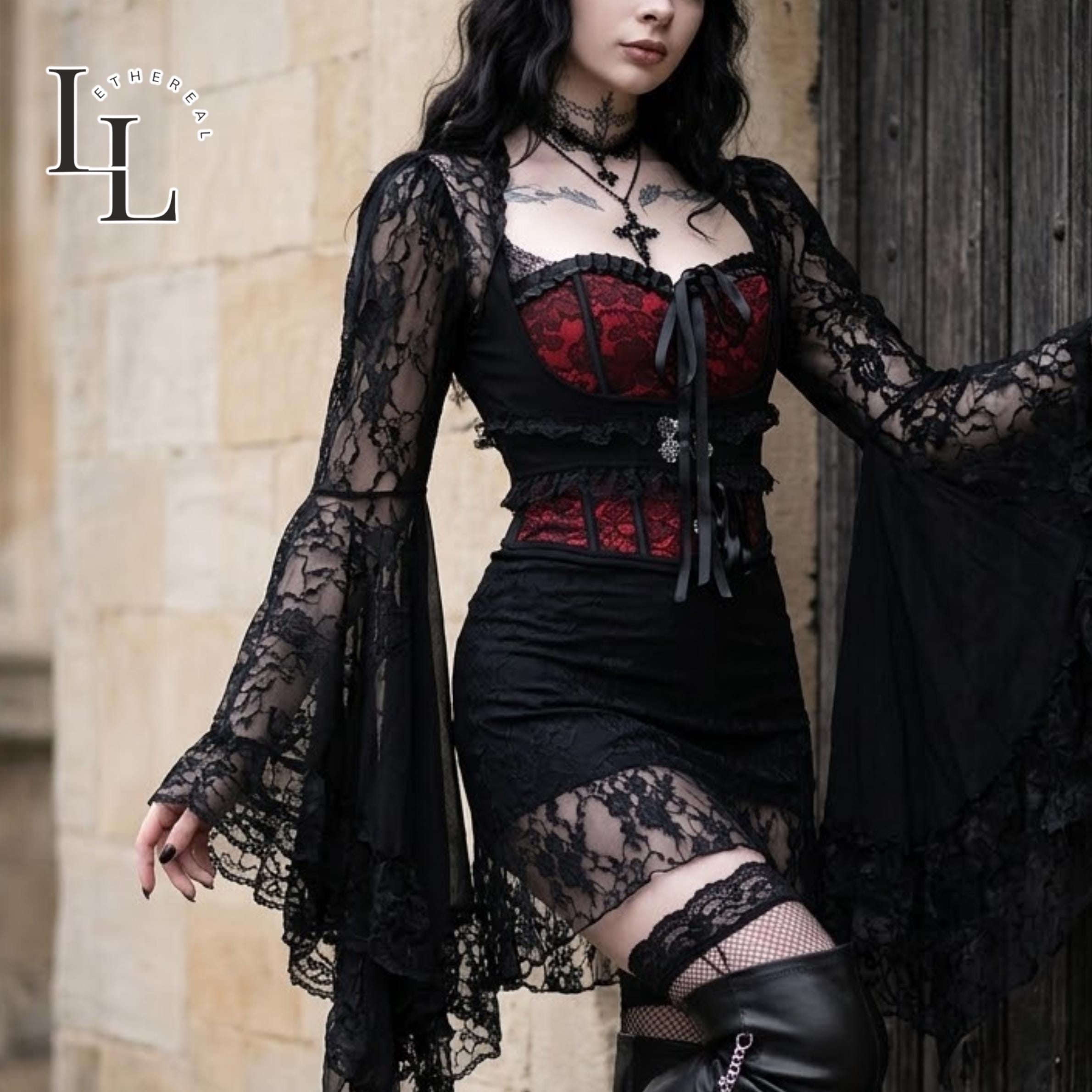 Gothic Lace Shrug Sheer Flared Sleeve Cover Up Layering Piece Dark Coquette Style