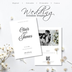 Classic Script Wedding Invitation Suite, Photo QR Code RSVP (Digital Download)