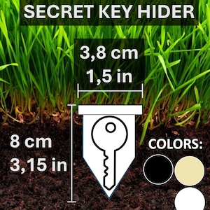 Może przedstawiać: Urządzenie Secret Key Hider ze spiczastą podstawą, o szerokości 3,8 cm i wysokości 8 cm. Grafika przedstawia ikonę klucza oraz opcje kolorystyczne: czarny, beżowy i biały. Urządzenie jest przeznaczone do umieszczenia w ziemi lub trawie.