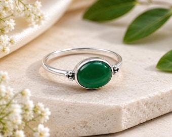 Green Onyx Sterling Silver Ring, Handmade Boho Minimalist Jewelry