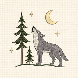 May include: An embroidered patch featuring a grey wolf howling at a gold crescent moon. The scene includes two dark green pine trees, three gold four-pointed stars, and a curved green ground line, all set against a light cream-colored fabric background.
