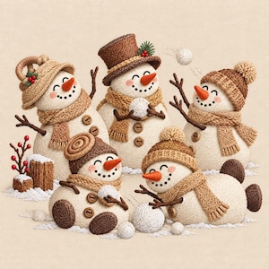May include: Five crocheted snowmen figures in various poses, wearing brown hats and scarves. Each snowman has a bright orange carrot nose, stitched black eyes, and a dotted smile. They feature wooden buttons and are surrounded by small snowballs.