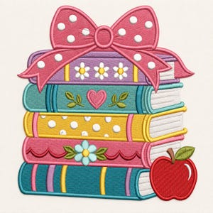 May include: An embroidered patch featuring a stack of four colorful books topped with a large pink bow with white polka dots. The books are purple with white flowers, teal with a pink heart, yellow with white dots, and pink with a blue flower.