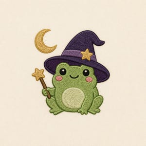 Pode incluir: Um emblema bordado apresentando um sapo verde usando um chapéu pontudo roxo com uma estrela amarela. O sapo tem bochechas rosas, uma barriga verde clara e segura uma varinha marrom com uma estrela amarela. Uma lua crescente amarela está acima.