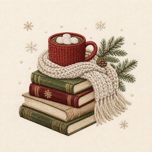May include: An embroidered illustration of a red mug filled with marshmallows, resting on a stack of four books. A cream-colored knit scarf wraps around the mug and books, accompanied by a pine branch with a pinecone and falling snowflakes.