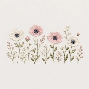 May include: An embroidery design featuring a row of delicate flowers and foliage. The composition includes white and soft pink blossoms with dark centers, accompanied by slender green stems, leaves, and small buds arranged in a horizontal pattern.