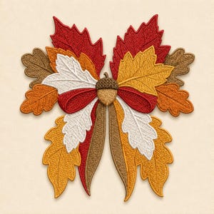 Könnte beinhalten: Ein gestickter Aufnäher mit einem Bündel Herbstblätter in den Farben Rot, Orange, Gelb, Weiß und Braun, die in einer Schleifenform mit einer braunen Eichel in der Mitte angeordnet sind. Das Design zeigt detaillierte Ahorn- und Eichenblätter.