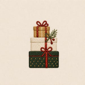 May include: An embroidery design featuring a stack of three rectangular gift boxes. The top box is tan, the middle is cream, and the bottom is dark green with gold dots. Each box is tied with a red ribbon and bow, with a green sprig and red berries.