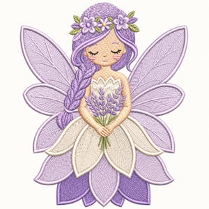 May include: An embroidery design of a fairy with lavender hair in a side braid, wearing a flower crown and a layered petal skirt. The fairy has large light purple wings and holds a small bouquet of lavender sprigs in both hands.
