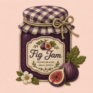 Può includere: Una toppa ricamata decorativa a forma di barattolo di confettura di fichi. Il barattolo presenta un coperchio a quadretti viola legato con spago, un'etichetta color crema con il testo "Fig Jam HOMEMADE SMALL BATCH" e fichi e fiori ricamati.