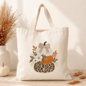 Neutral Pumpkin Stack Machine Embroidery Design, Leopard Print Pumpkins with Floral Arrangement, Fall Digital Embroidery File
