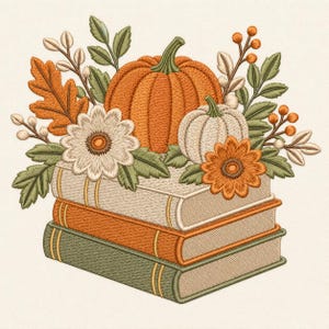 May include: An embroidery design featuring a stack of three books in cream, orange, and green. Resting on top is a large orange pumpkin, a smaller white pumpkin, two flowers in white and orange, and various green leaves and orange berries.