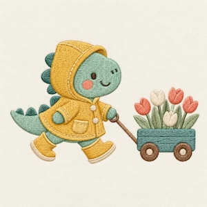 May include: An embroidery design featuring a light green dinosaur wearing a yellow hooded raincoat and matching yellow boots. The dinosaur is pulling a teal wagon filled with a bouquet of white and coral-coloured tulips with green stems.