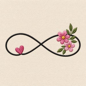 Peut inclure: Un motif de broderie représentant un symbole infini noir sur un fond en tissu beige clair. La boucle de gauche contient un petit cœur rose, tandis que la boucle de droite est ornée de deux fleurs roses à cœur jaune et de feuilles vertes.