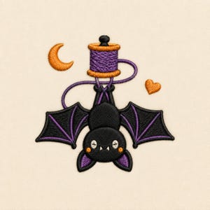 Niedliches Fledermaus-Stickmuster, hängende Halloween-Fledermaus mit Garnrolle, gruselige Stickdatei für die Nähmaschine