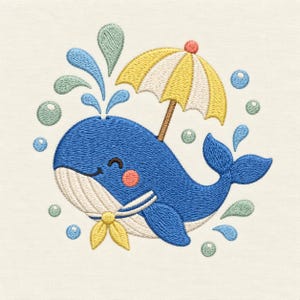 Könnte beinhalten: Ein Stickmotiv mit einem blauen Wal mit cremefarbenem Bauch, der ein gelbes Halstuch trägt. Der Wal befindet sich unter einem gelb-weiß gestreiften Regenschirm, umgeben von hellblauen und grünen Wassertropfen sowie kleinen Blasen.