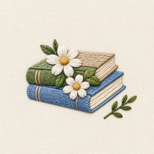 May include: An embroidery design featuring two stacked books, one green and one blue, with cream-colored pages. Two white daisy flowers with yellow centers and green leaves are stitched on top of the books, with an additional small green leaf sprig.