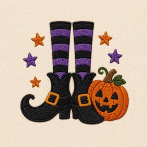 May include: An embroidered design featuring a pair of legs in black and purple striped stockings wearing black boots with orange buckles, accompanied by an orange jack-o'-lantern pumpkin and several small orange and purple stars.