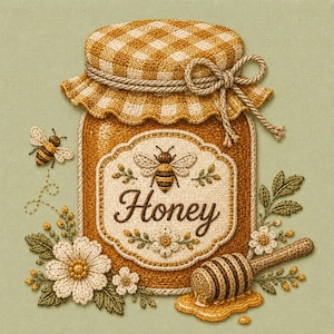 Puede incluir: Una pieza de bordado texturizado que representa un tarro de miel con una tapa de tela de cuadros atada con un lazo de cuerda. La etiqueta muestra una abeja y la palabra Honey en cursiva. Un cucharón de miel y flores blancas lo rodean.
