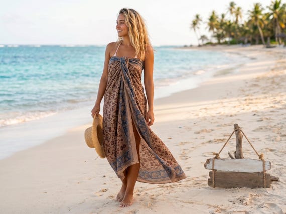 Hand Block Print Cotton Sarong for Women, Floral Beach Wrap, Boho Swimsuit Cover Up, Lightweight Cotton Pareo, Resort Wear, Handmade Gift
