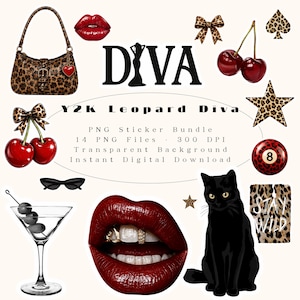 Puede incluir: Un paquete de pegatinas digitales con un bolso de estampado de leopardo, labios rojos, cerezas, un gato negro, una copa de martini, un lazo de leopardo, una estrella, una bola ocho y el texto DIVA y Y2K Leopard Diva PNG Sticker Bundle.
