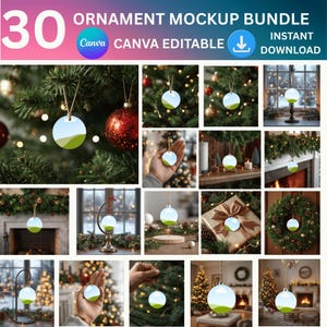 May include: A digital bundle of 30 circular ornament mockups featuring a landscape graphic with green hills and a blue sky. The collection includes various display settings such as hanging on Christmas trees, on stands, and on gift boxes.