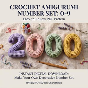 May include: A crochet amigurumi number set 0-9 pattern featuring the text CROCHET AMIGURUMI NUMBER SET: 0-9, Easy-to-Follow PDF Pattern, INSTANT DIGITAL DOWNLOAD: Make Your Own Decorative Number Set, HANDCRAFTED BY: Chcraftslab, with crocheted numbers 2, 0, 0, 0.