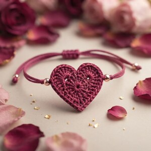 May include: A dark pink crochet heart charm centered on a thin cord bracelet. The bracelet features two small metallic beads flanking the heart and an adjustable sliding knot closure, creating a simple and cohesive accessory design.
