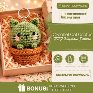 May include: A crochet cat cactus keychain pattern in a digital PDF format. The image features a green crocheted cat head with black eyes and pink cheeks inside a brown pot, with text including Instant Download and Crochet Cat Cactus PDF.