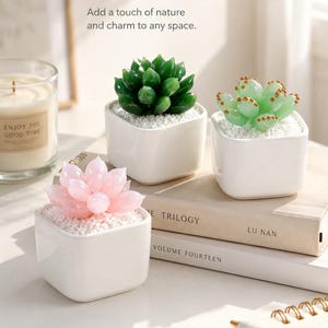 Puede incluir: Tres pequeñas plantas suculentas artificiales en macetas cuadradas de cerámica blanca con piedras blancas. Una suculenta es verde oscuro, otra es verde claro con puntas naranjas y otra es rosa claro. Texto: Perfect for Desk, Shelf & Gift Giving.