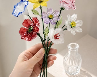Handmade Glass Flower Bouquet, 11.8-13.8 in Bendable Wire Stem, Forever Flowers, Art Glass Floral Vase Decor Gift for Mom, Desk Office Decor