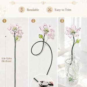 May include: A flexible wire stem with a pink flower and green leaf. The text reads Flexible Wire Stem, Bendable, and Easy to Trim. The stem measures 11.8-13.8 inches in length. The image shows the stem straight, coiled, and trimmed with pliers.