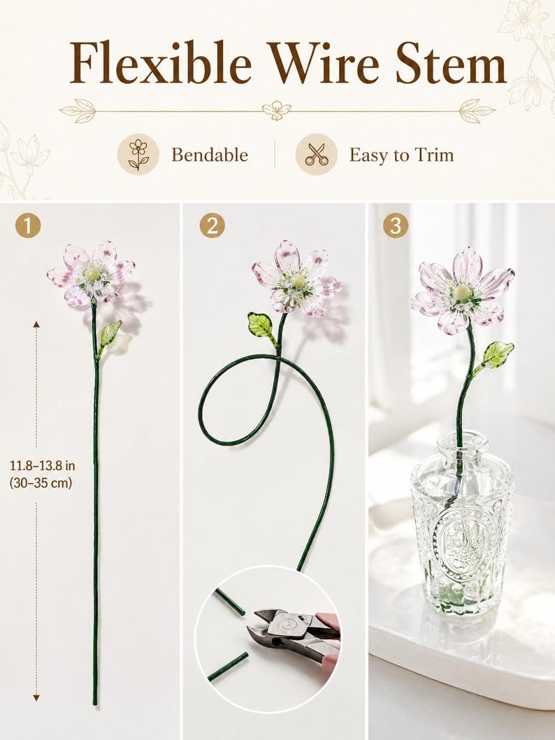 May include: A flexible wire stem with a pink flower and green leaf. The text reads Flexible Wire Stem, Bendable, and Easy to Trim. The stem measures 11.8-13.8 inches in length. The image shows the stem straight, coiled, and trimmed with pliers.