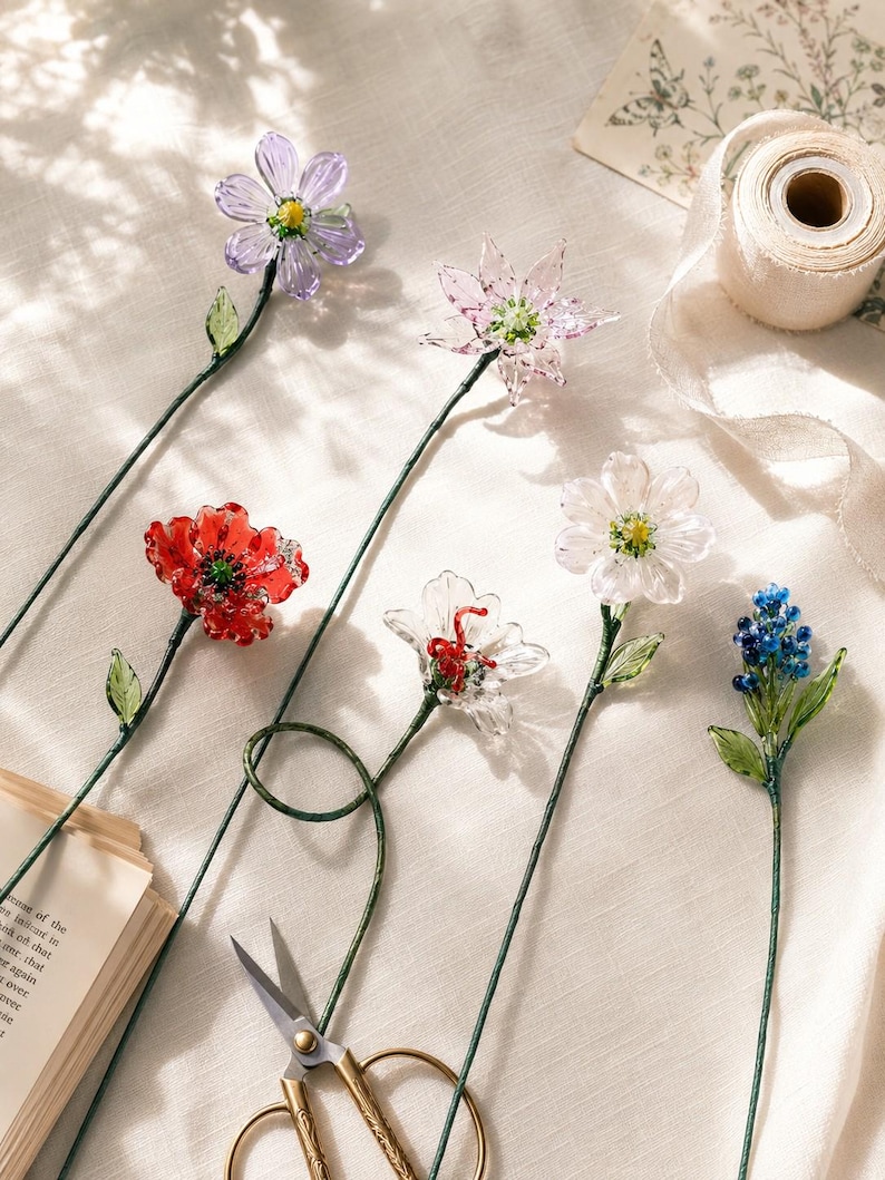 May include: A collection of six handcrafted glass flowers on thin green wire stems. The set includes a purple, a light pink, a vibrant red, a clear white, a second clear white, and a small blue cluster flower, each featuring delicate green glass leaves.